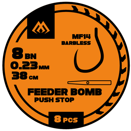 Przypony Mikado feeder bomb MF14 - Z PUSH STOPEM - hak bez zadziora nr 6 / żyłka: 0.25mm/38cm - 8szt.