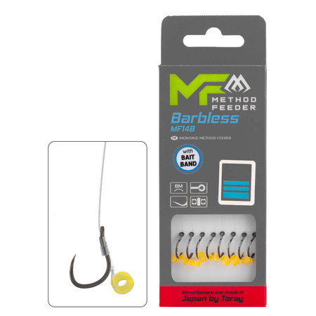 .Przypony do methody Mikado MF14 z gumką - hak bez zadziora nr 14 / żyłka: 0.18mm / 10cm / 8szt.
